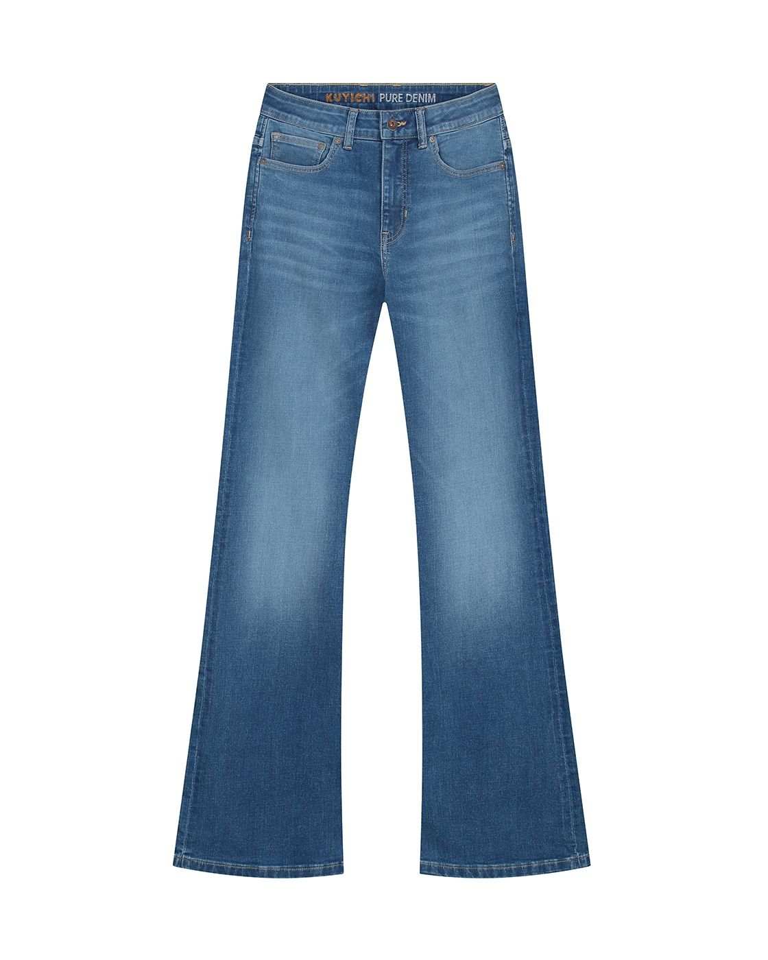 Vetinee wijde jeans voor dames met hoge taille en elastische band; stretchy baggy uitlopende jeans, Klassiek blauw., M